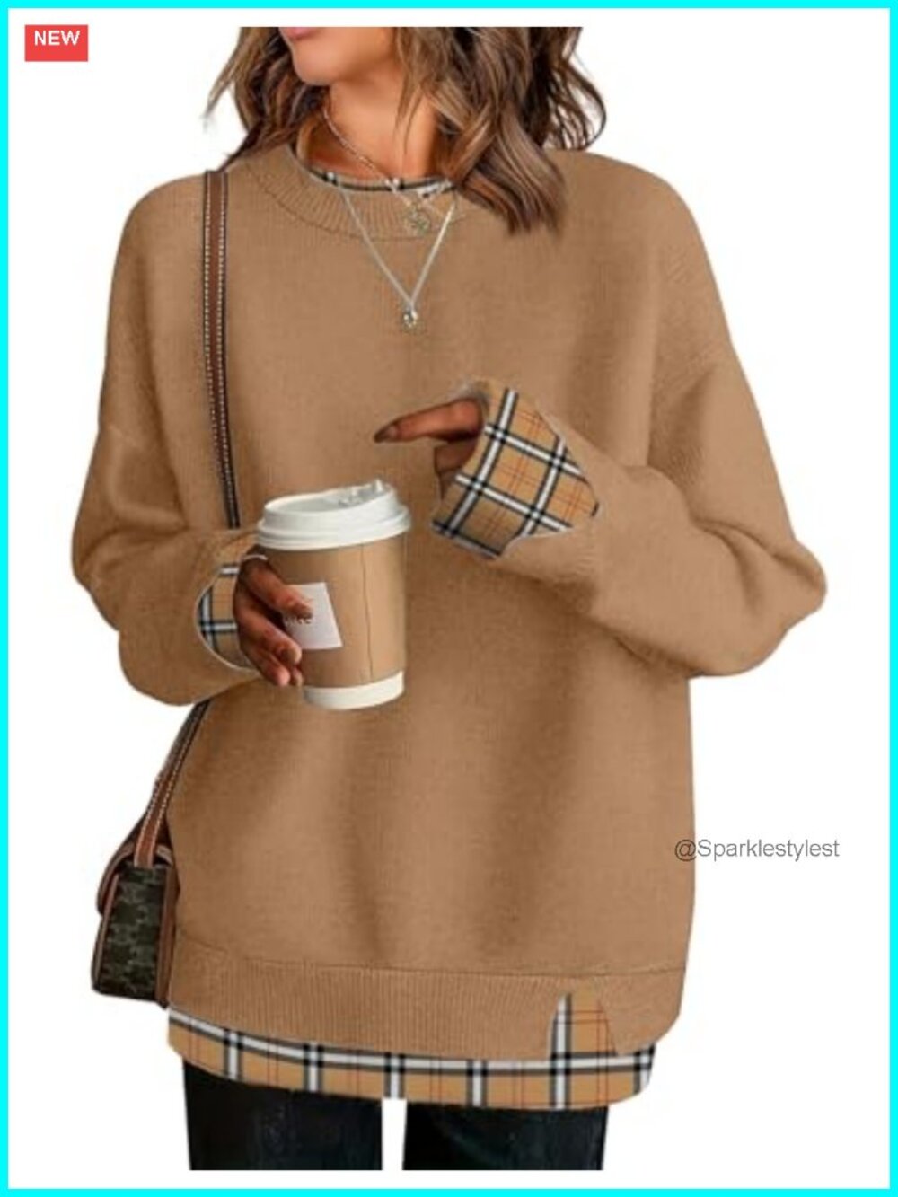ETCYY Oversized Patchwork Knit Pullover Sweater Fall Teacher Outfit